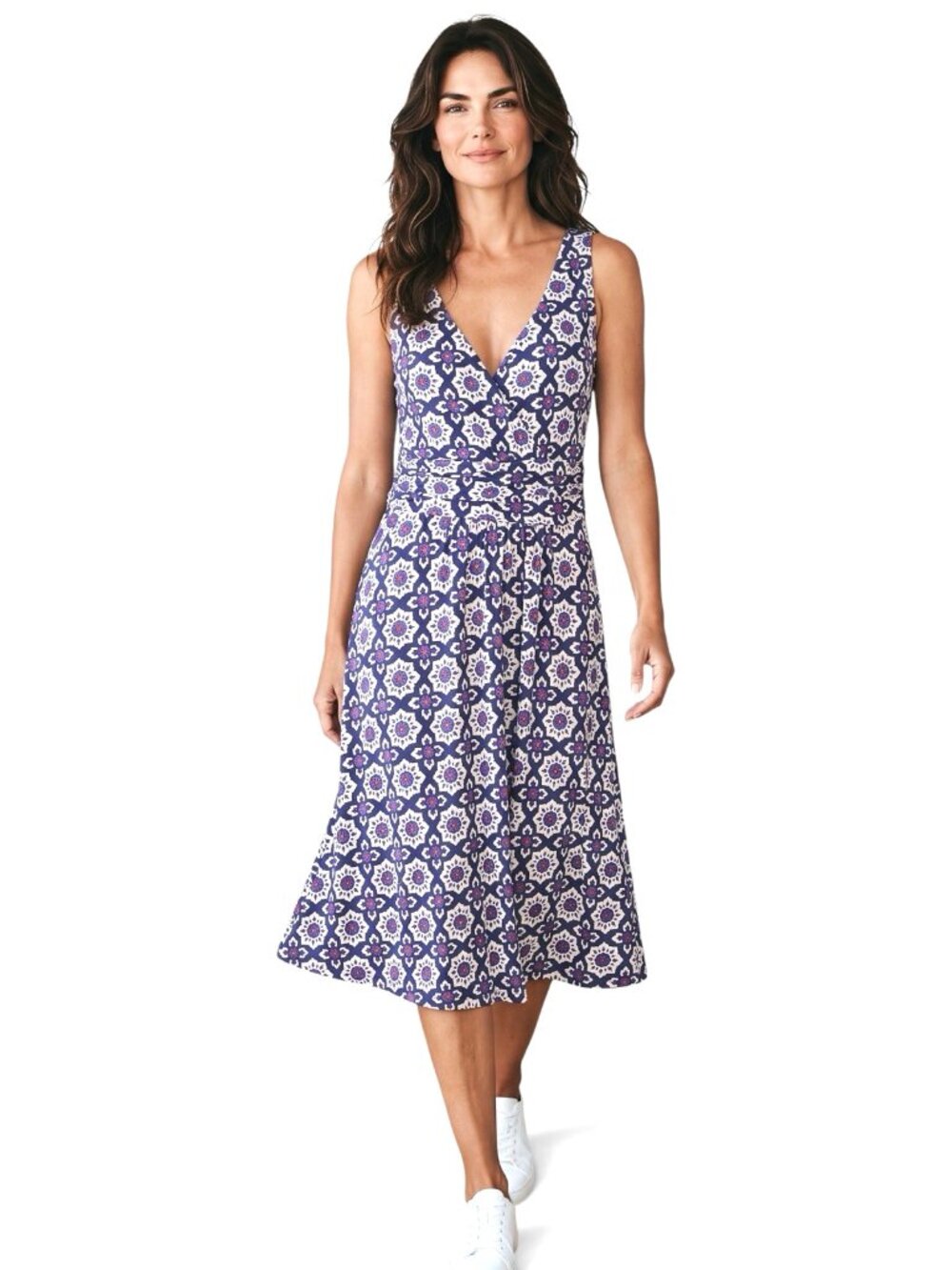 Boden Blue Pink Black Ghathered Waist Jersey Dress sz 6